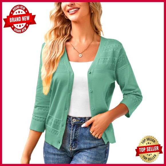 Cropped Cardigan 3/4 Sleeve Lightweight Crochet Hollowed-Out Knit Sweater